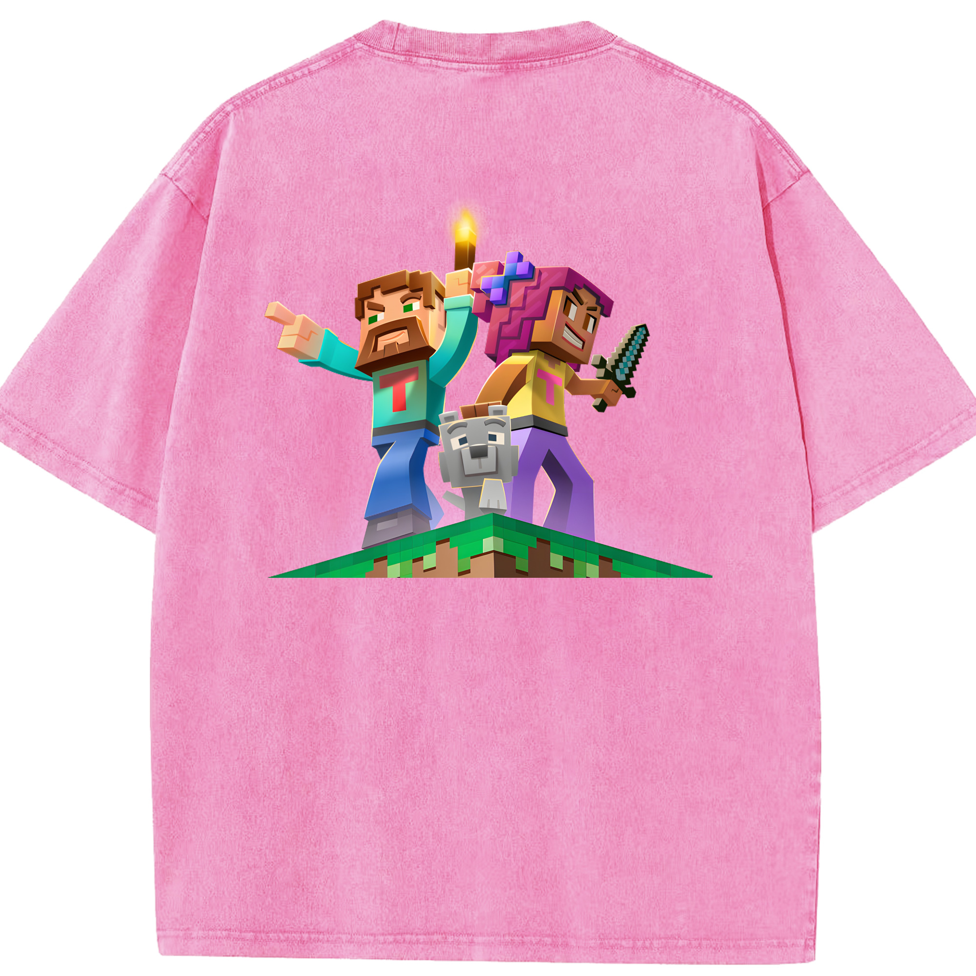 （画像用） マインクラフト ブロックの世界 Minecraft MC Block world 綿100% ヴィンテージ風 半袖Tシャツ（背面プリント）